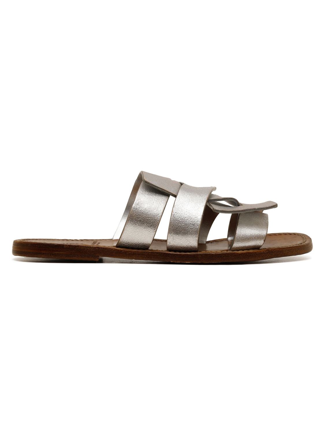 Metallic silver leather slide sandals