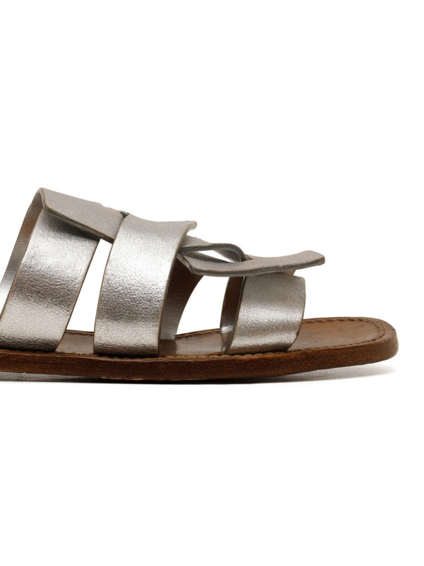 Metallic silver leather slide sandals