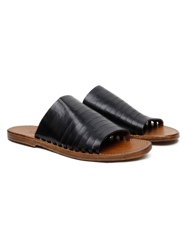 Black leather slide sandals